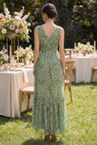 Ruffled Dusty Green Floral V-Neck Asymmetrical Wedding Guest Dress
