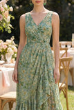 Ruffled Dusty Green Floral V-Neck Asymmetrical Wedding Guest Dress