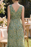 Ruffled Dusty Green Floral V-Neck Asymmetrical Wedding Guest Dress