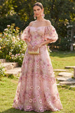 Floral Applique Off the Shoulder Pink Wedding Guest Dress with Puff Sleeves