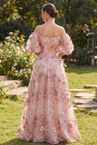 Floral Applique Off the Shoulder Pink Wedding Guest Dress with Puff Sleeves
