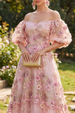 Floral Applique Off the Shoulder Pink Wedding Guest Dress with Puff Sleeves