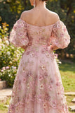 Floral Applique Off the Shoulder Pink Wedding Guest Dress with Puff Sleeves