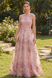 One Shoulder Floral Pink A Line Long Wedding Guest Dress with Appliques