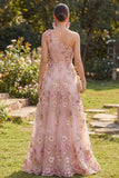 One Shoulder Floral Pink A Line Long Wedding Guest Dress with Appliques