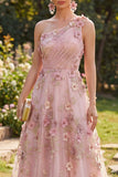 One Shoulder Floral Pink A Line Long Wedding Guest Dress with Appliques