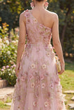 One Shoulder Floral Pink A Line Long Wedding Guest Dress with Appliques