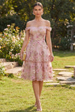 Off the Shoulder A Line Floral Applique Pink Wedding Guest Dress