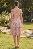 Off the Shoulder A Line Floral Applique Pink Wedding Guest Dress