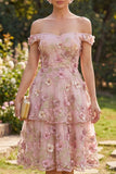 Off the Shoulder A Line Floral Applique Pink Wedding Guest Dress