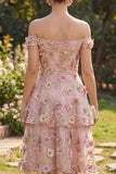 Off the Shoulder A Line Floral Applique Pink Wedding Guest Dress