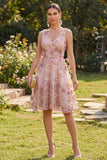 Applique A Line V-Neck Pink Floral Wedding Guest Dress