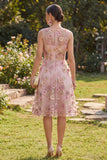 Applique A Line V-Neck Pink Floral Wedding Guest Dress