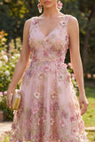 Applique A Line V-Neck Pink Floral Wedding Guest Dress