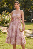 Strapless Pink Floral Applique A Line Wedding Guest Dress