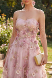Strapless Pink Floral Applique A Line Wedding Guest Dress