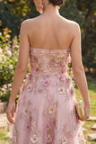 Strapless Pink Floral Applique A Line Wedding Guest Dress