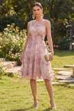 Pink A Line Floral Wedding Guest Dress with Appliques