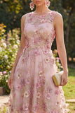 Pink A Line Floral Wedding Guest Dress with Appliques