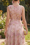 Pink A Line Floral Wedding Guest Dress with Appliques