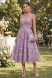 Floral Lilac A Line V Neck Midi Wedding Guest Dress