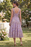 Floral Lilac A Line V Neck Midi Wedding Guest Dress