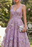 Floral Lilac A Line V Neck Midi Wedding Guest Dress