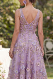 Floral Lilac A Line V Neck Midi Wedding Guest Dress