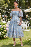 Blue Off the Shoulder Floral Wedding Guest Dress with Puff Sleeves