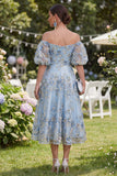 Blue Off the Shoulder Floral Wedding Guest Dress with Puff Sleeves