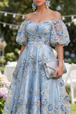 Blue Off the Shoulder Floral Wedding Guest Dress with Puff Sleeves