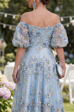 Blue Off the Shoulder Floral Wedding Guest Dress with Puff Sleeves