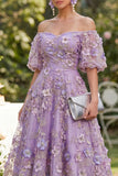 Blue Off the Shoulder Floral Wedding Guest Dress with Puff Sleeves
