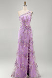 One Shoulder Lilac Floral Wedding Guest Dress with Slit