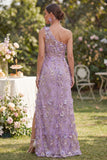 One Shoulder Lilac Floral Wedding Guest Dress with Slit
