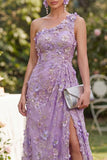 One Shoulder Lilac Floral Wedding Guest Dress with Slit