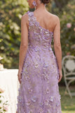 One Shoulder Lilac Floral Wedding Guest Dress with Slit