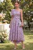Lilac Floral Applique One Shoulder Wedding Guest Dress