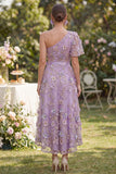 Lilac Floral Applique One Shoulder Wedding Guest Dress