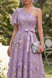 Lilac Floral Applique One Shoulder Wedding Guest Dress