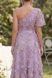 Lilac Floral Applique One Shoulder Wedding Guest Dress