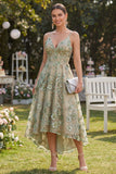 Dusty Green Floral Applique High-Low Wedding Guest Dress
