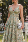 Dusty Green Floral Applique High-Low Wedding Guest Dress