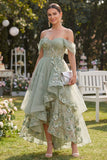 Off the Shoulder Floral Ruffled Dusty Green Wedding Guest Dress