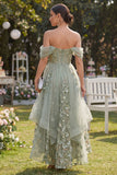 Off the Shoulder Floral Ruffled Dusty Green Wedding Guest Dress