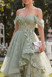 Off the Shoulder Floral Ruffled Dusty Green Wedding Guest Dress