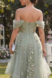 Off the Shoulder Floral Ruffled Dusty Green Wedding Guest Dress