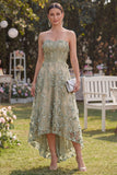Strapless A Line High Low Dusty Green Floral Wedding Guest Dress