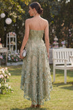 Strapless A Line High Low Dusty Green Floral Wedding Guest Dress
