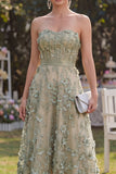 Strapless A Line High Low Dusty Green Floral Wedding Guest Dress